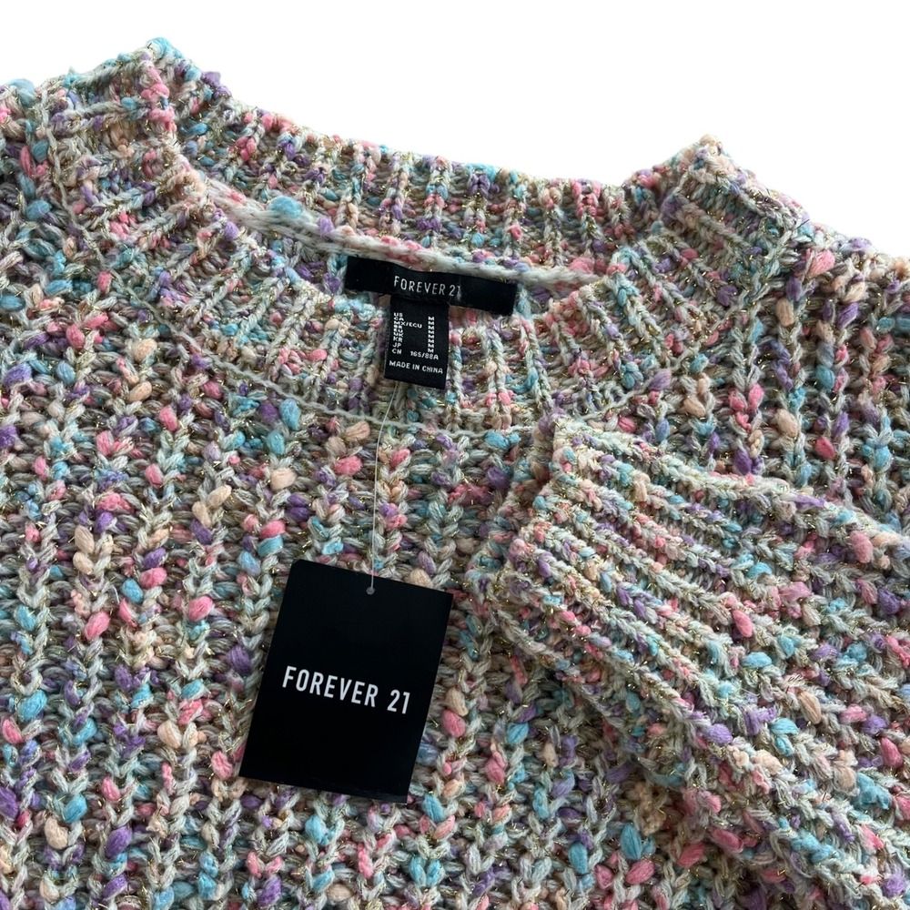 Forever 21 Women M Purple Pink Multi Metallic Crew Long Sleeve Knit Sweater Cute